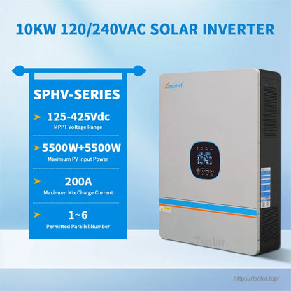 Ampinvt SPHV-Series 10kW 48V Solar Inverter, Ampinvt SPHV-series 10kW 120/240VAC solar inverter with front LCD display and MPPT range 125–4.