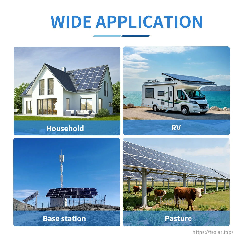 Ampinvt SPHV-Series 10kW 48V Solar Inverter, Wide application graphic for a 48V solar inverter, showing household, RV, base station, and pa.