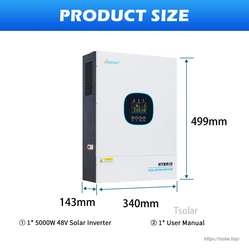 Product size diagram for 5000W inverter: 499mm tall, 340mm wide, 143mm deep; includes user manual