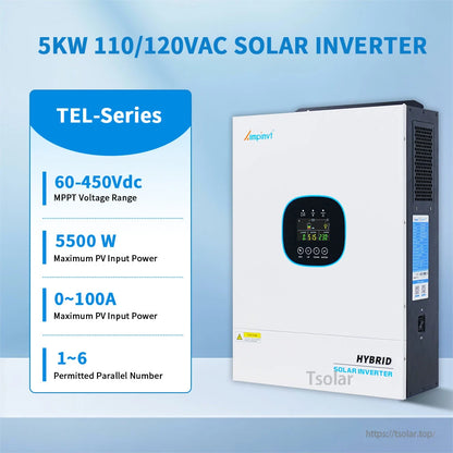 Ampinvt TEL-Series 5kW 110/120VAC solar inverter specs: 60–450Vdc MPPT range, 5500W PV input, 0–100A, 1–6 parallel