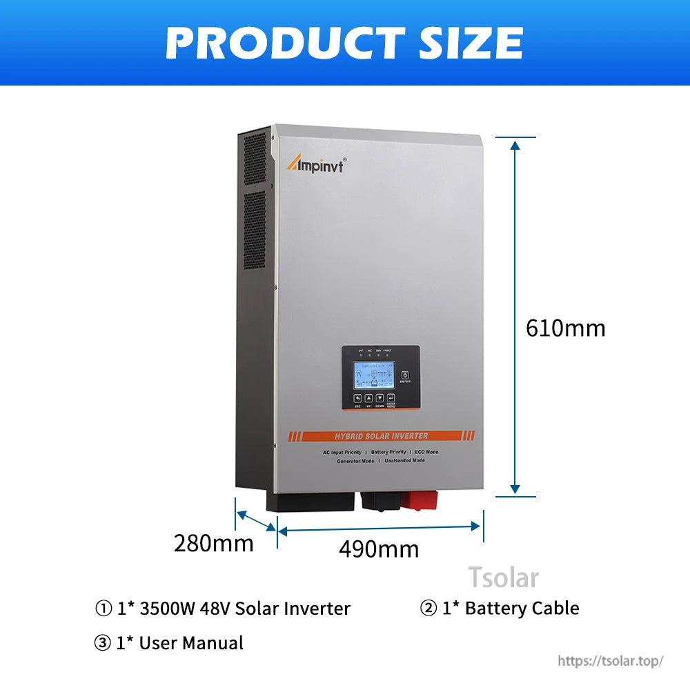 Product size diagram showing 610mm height, 490mm width, 280mm depth; includes battery cable and manual