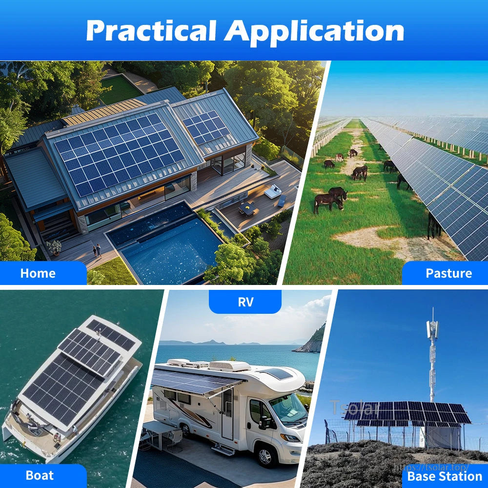 Practical application collage showing solar power setups for home, pasture, boat, RV and base station
