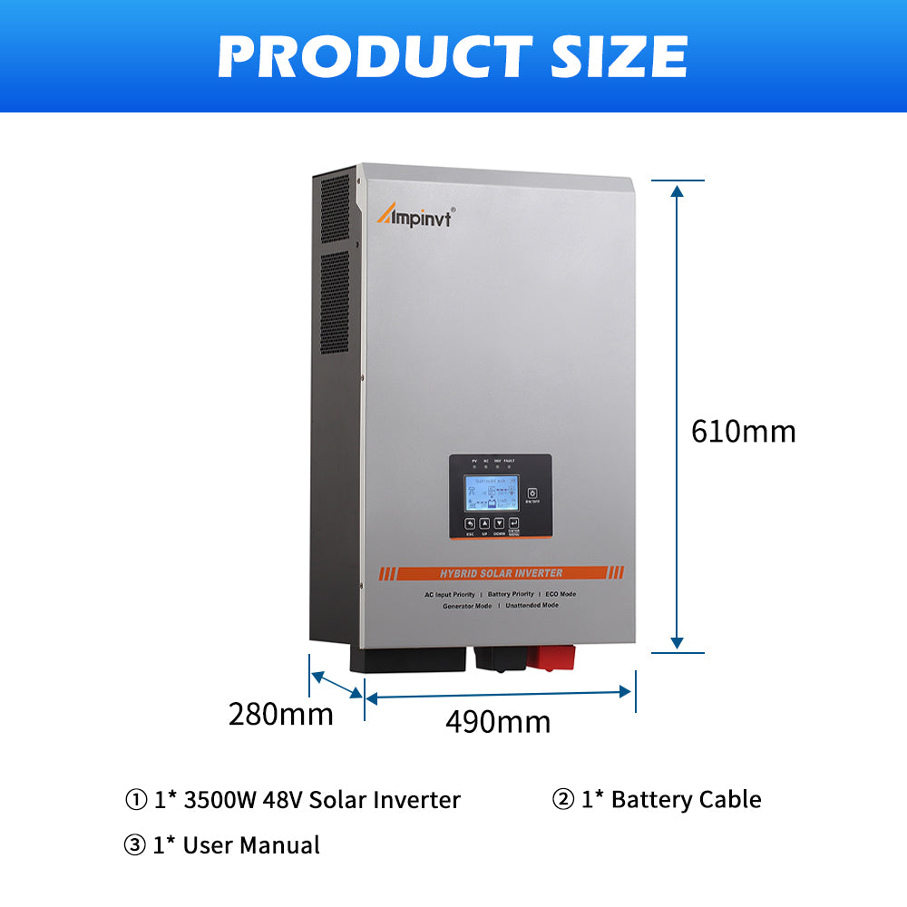 Ampinvt TG-Series inverter dimensions 610mm x 490mm x 280mm with included battery cable and user manual