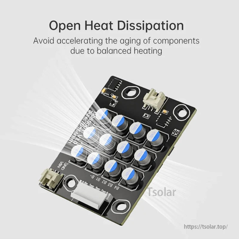 Angled view of balancer PCB highlighting open heat dissipation design and capacitor layout