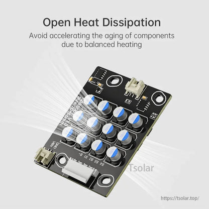 Angled view of balancer PCB highlighting open heat dissipation design and capacitor layout