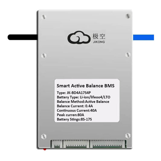 JKBMS smart active balance BMS JK-BD4A17S4P label showing 0.4A balance, 40A continuous, 8S–17S