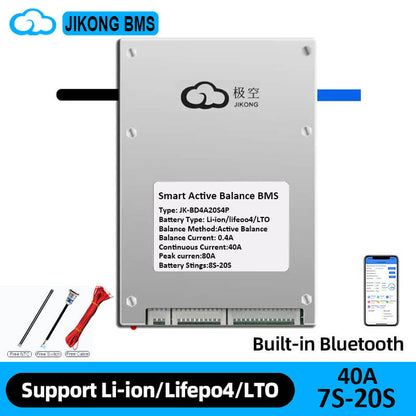 JIKONG BMS active balance unit shown with built-in Bluetooth graphic, 40A and 7S–20S support callouts