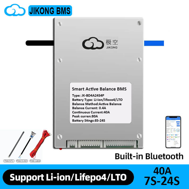 Jikong BMS promotional graphic showing built-in Bluetooth support and included NTC, switch and cable