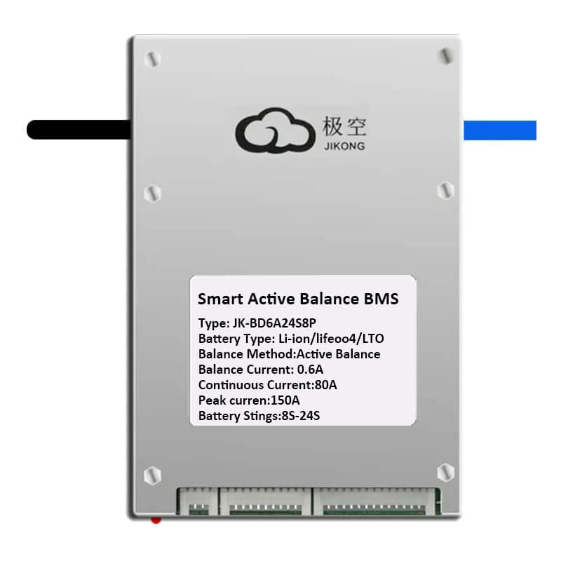 JKBMS smart active balance BMS JK-BD6A24S8P label, 0.6A balancing, 80A continuous, 8S-24S