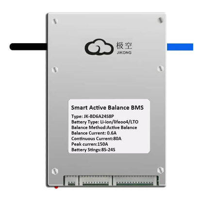 JKBMS smart active balance BMS JK-BD6A24S8P label, 0.6A balancing, 80A continuous, 8S-24S