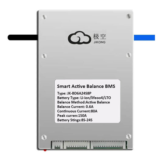JKBMS smart active balance BMS JK-BD6A24S8P label, 0.6A balancing, 80A continuous, 8S-24S