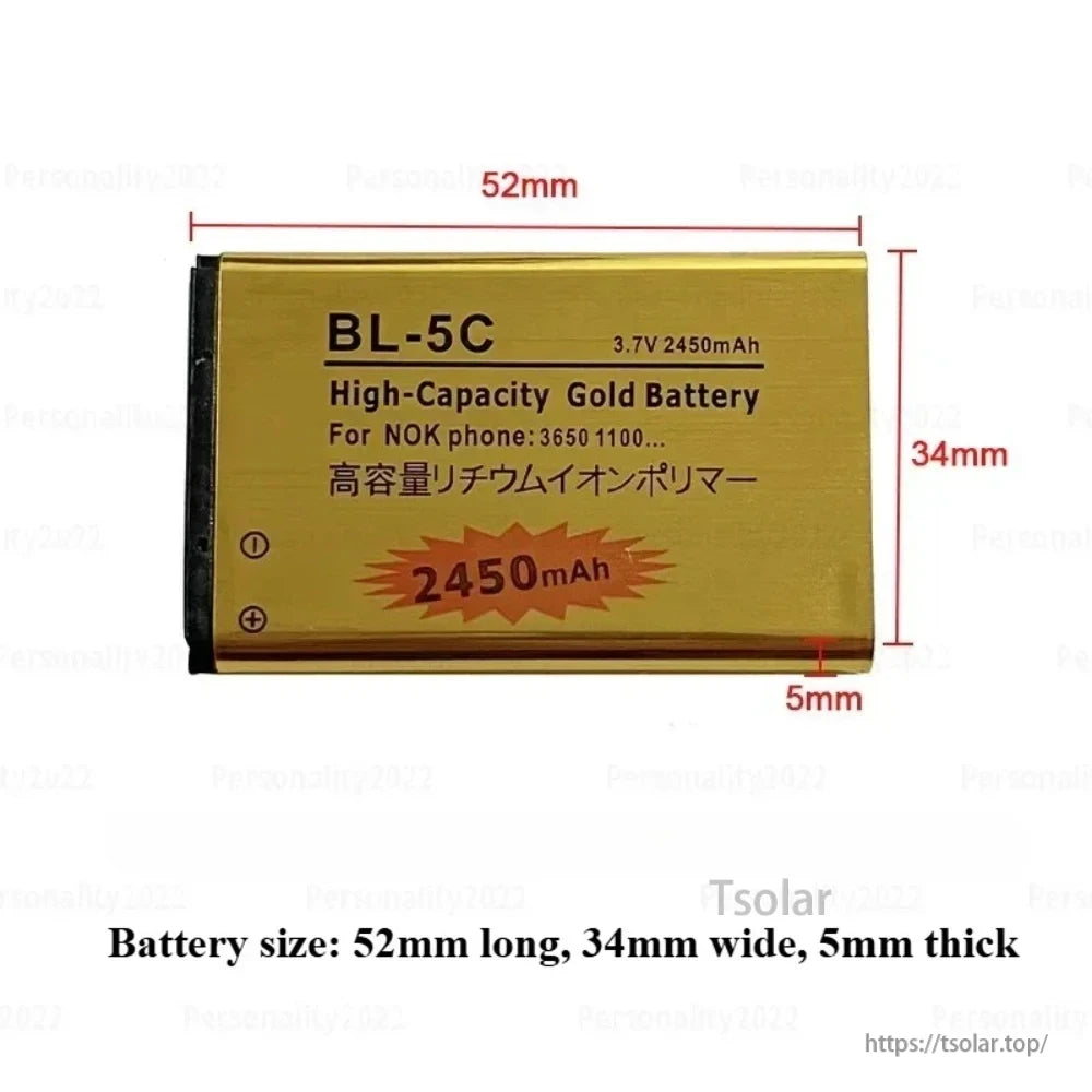 BL-5C Mobile Phone Battery, High-capacity 3.7V 2450mAh BL-5C gold battery for NOKIA phones, measuring 52mm x 34mm x 5mm.