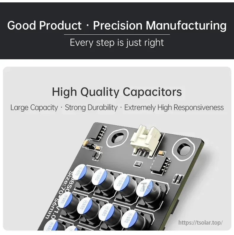 Active balancer PCB close-up highlighting high-capacity capacitors and component layout