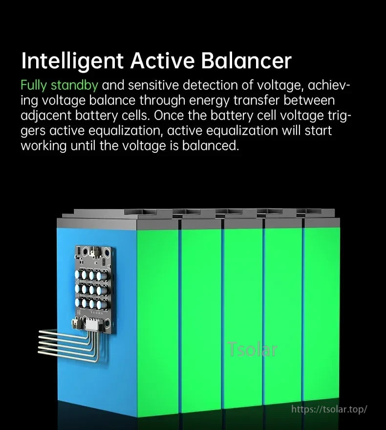 Intelligent active balancer illustration mounted on a 4-cell battery pack, transferring energy between cells