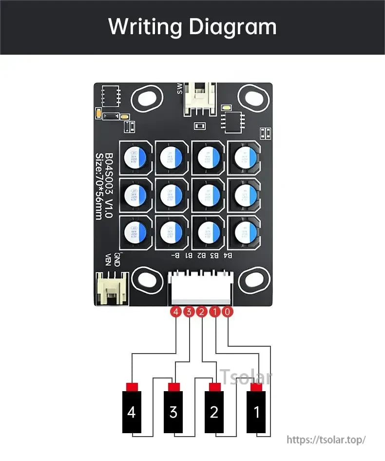 B04S003-L4S-5A 4S 5A active balancer wiring layout with terminals B-, B1, B2, B3, B4 and SW