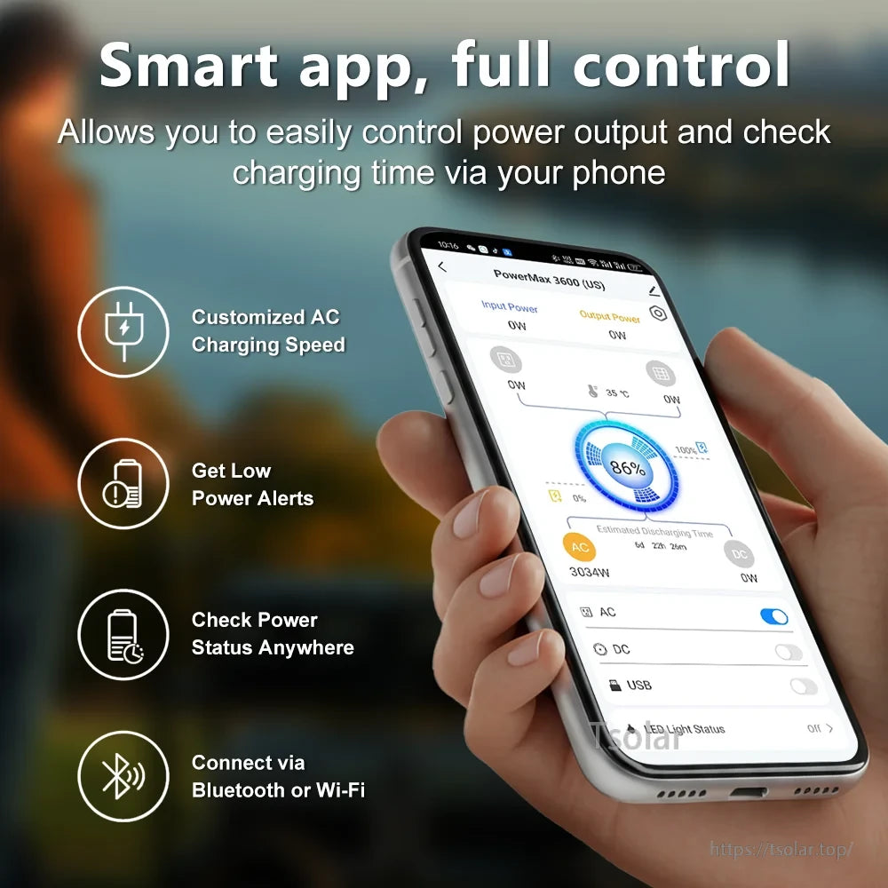 Blackview PowerMax 2400, Smartphone app offers full control over power settings, charging speed, and real-time monitoring via Bluetooth or Wi-Fi, with alerts and status toggles for seamless management.