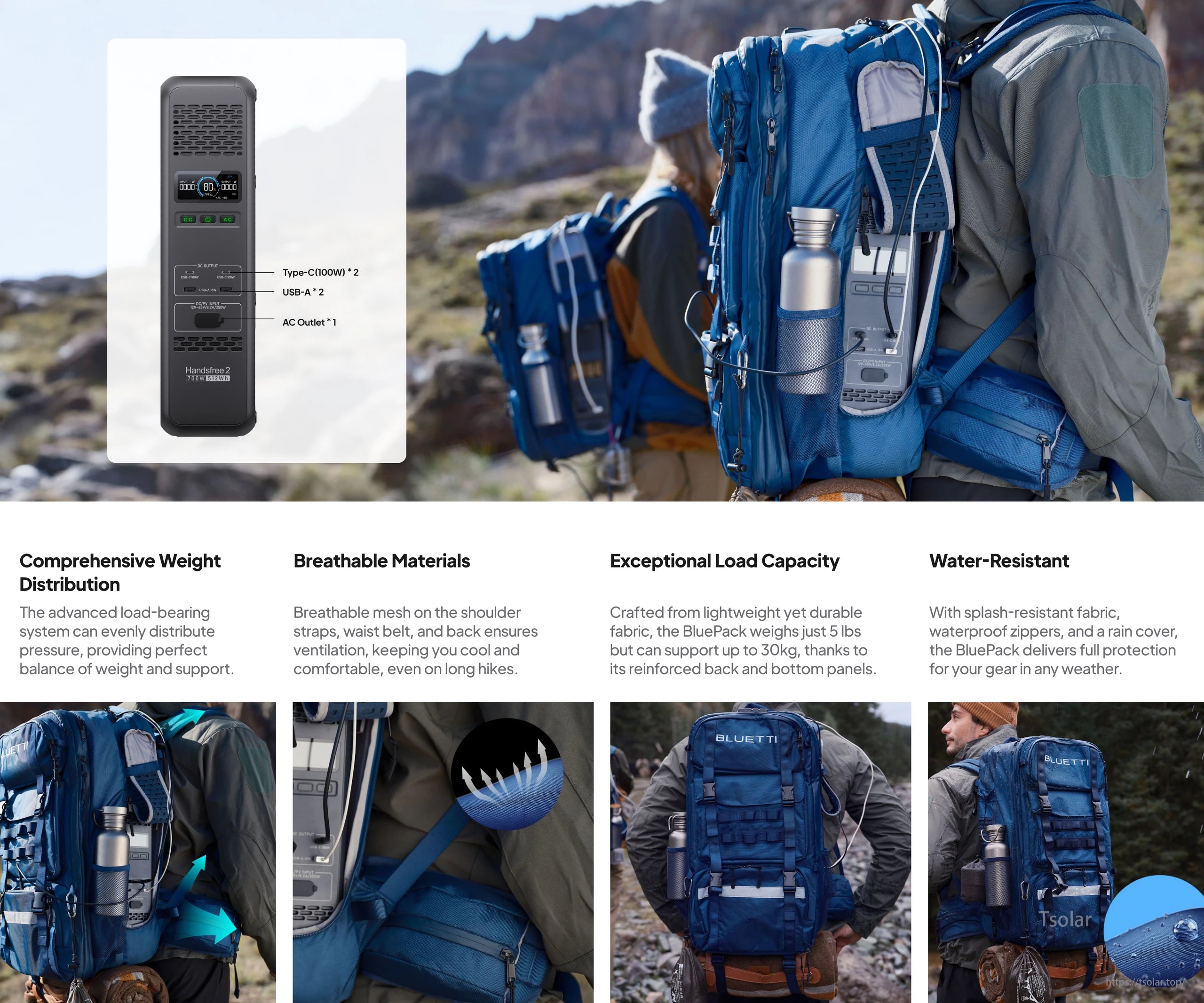 Bluetti Handsfree 2 Power Station, Hand-free power station with DC output, USB ports and AC outlet, load capacity of 70kg, water-resistant design.