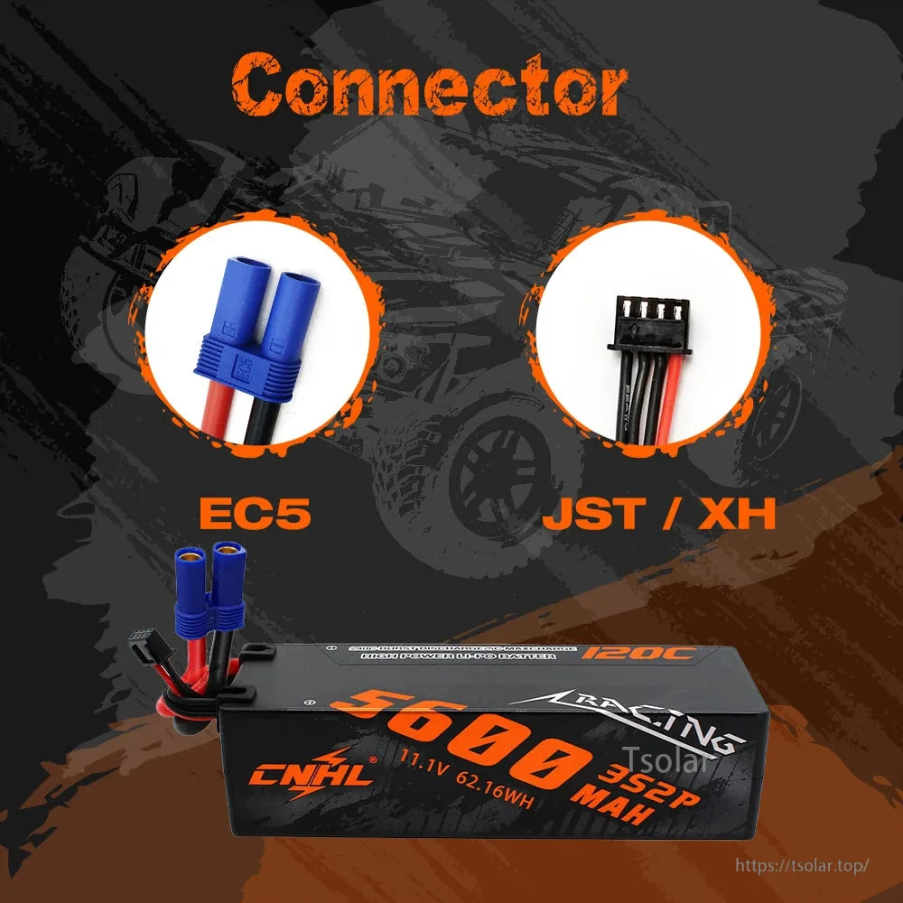 CNHL 3S/4S LiPo Battery, CNHL 5600mAh 11.1V 3S LiPo battery, 120C discharge, EC5 and JST/XH connectors, 62.16Wh capacity, designed for high-performance racing applications.