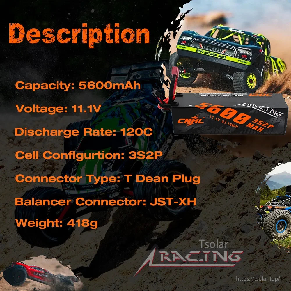 CNHL 3S/4S LiPo Battery, CNHL 3S2P 5600mAh 11.1V LiPo battery, 120C discharge, Dean Plug, JST-XH balancer, 418g, for RC vehicles, features racing trucks and "RAC.TNG" logo.