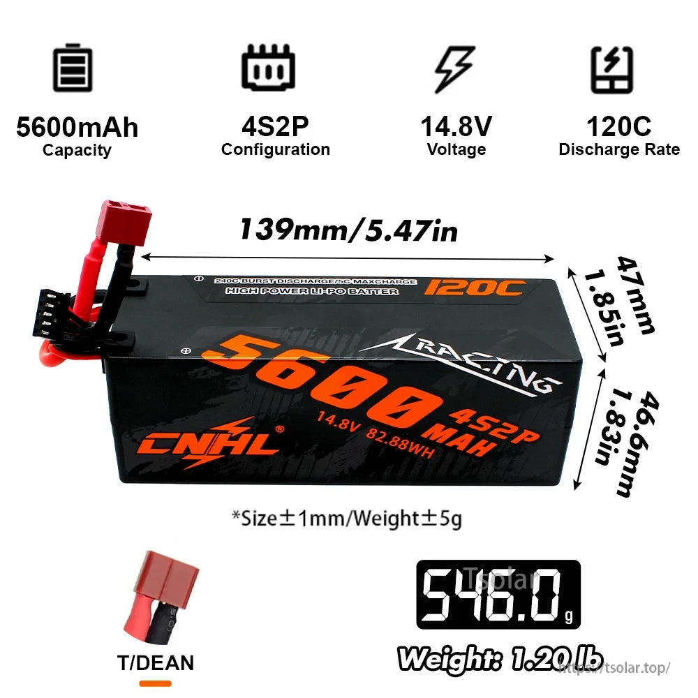 CNHL 3S/4S LiPo Battery, CNHL 5600mAh 14.8V LiPo battery, 120C discharge, T/DEAN plug, 546g, high-power racing with 82.88Wh capacity and 2400A burst.