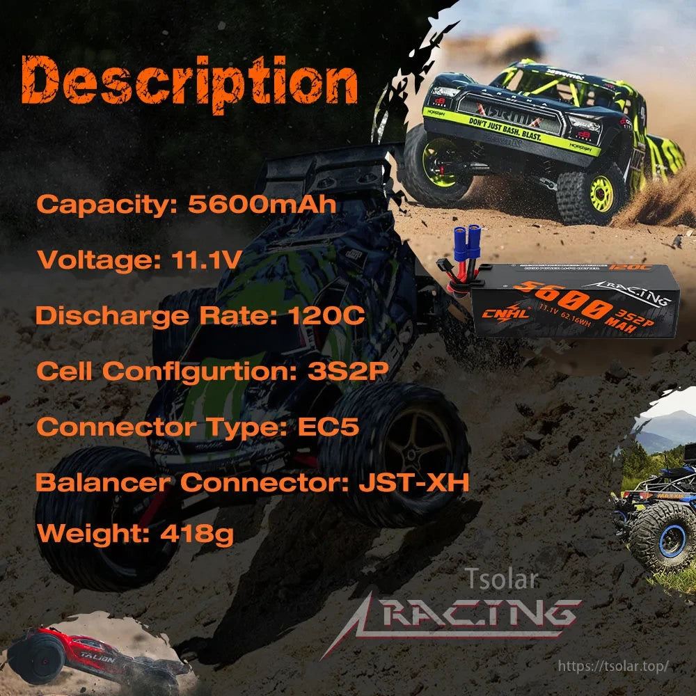 CNHL 3S/4S LiPo Battery, CNHL 5600mAh 11.1V LiPo battery, 120C discharge, EC5 connector, JST-XH balancer, 418g, perfect for high-performance RC vehicles.