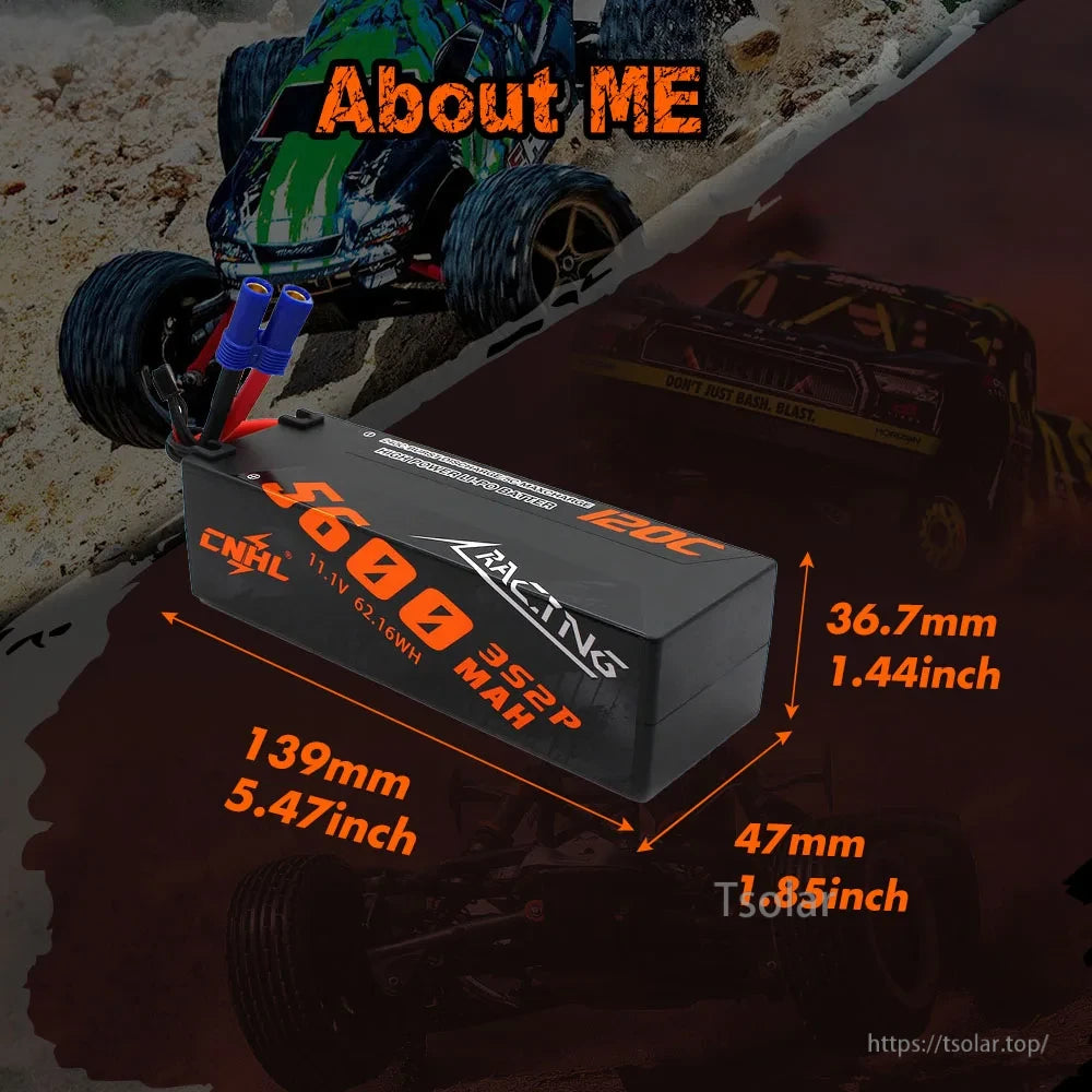 CNHL 3S/4S LiPo Battery, CNHL 5600mAh 3S LiPo battery, 11.1V, 120C, 62.16Wh, 139x47x36.7mm, designed for high-performance RC racing cars.