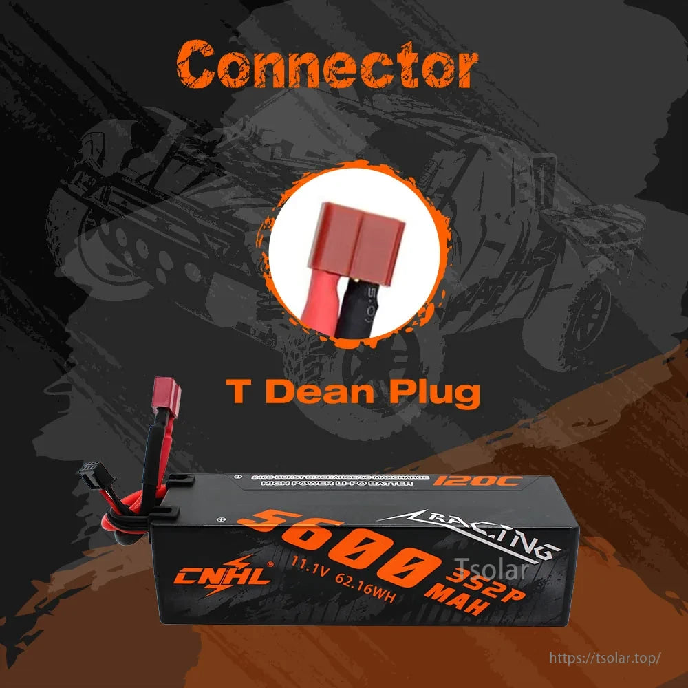 CNHL 3S/4S LiPo Battery, CNHL 5600mAh 11.1V 3S LiPo battery with 120C discharge, T-Dean plug, 62.16Wh capacity—ideal for high-power racing applications.