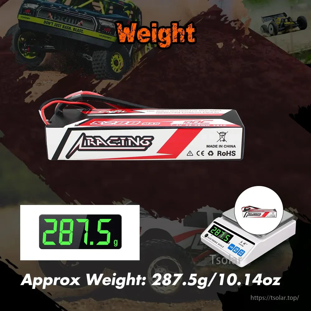 CNHL Lipo Battery, CNHL Racing 6500mAh 100C LiPo battery, made in China, weighs 287.5g, RoHS certified, designed for RC vehicles.