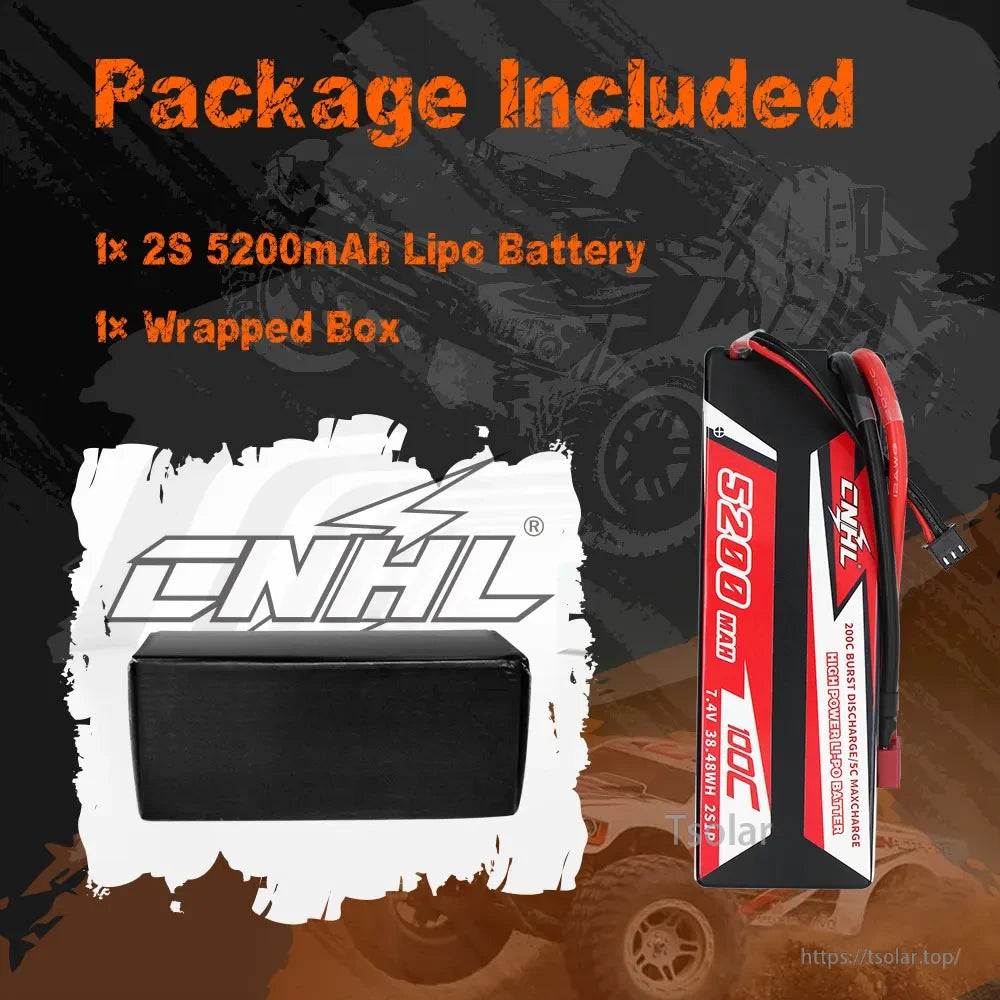 CNHL Lipo Battery, CNHL 2S 5200mAh 7.4V 100C Lipo Battery offers high power with 200C burst, ideal for performance use, includes protective wrapped box.