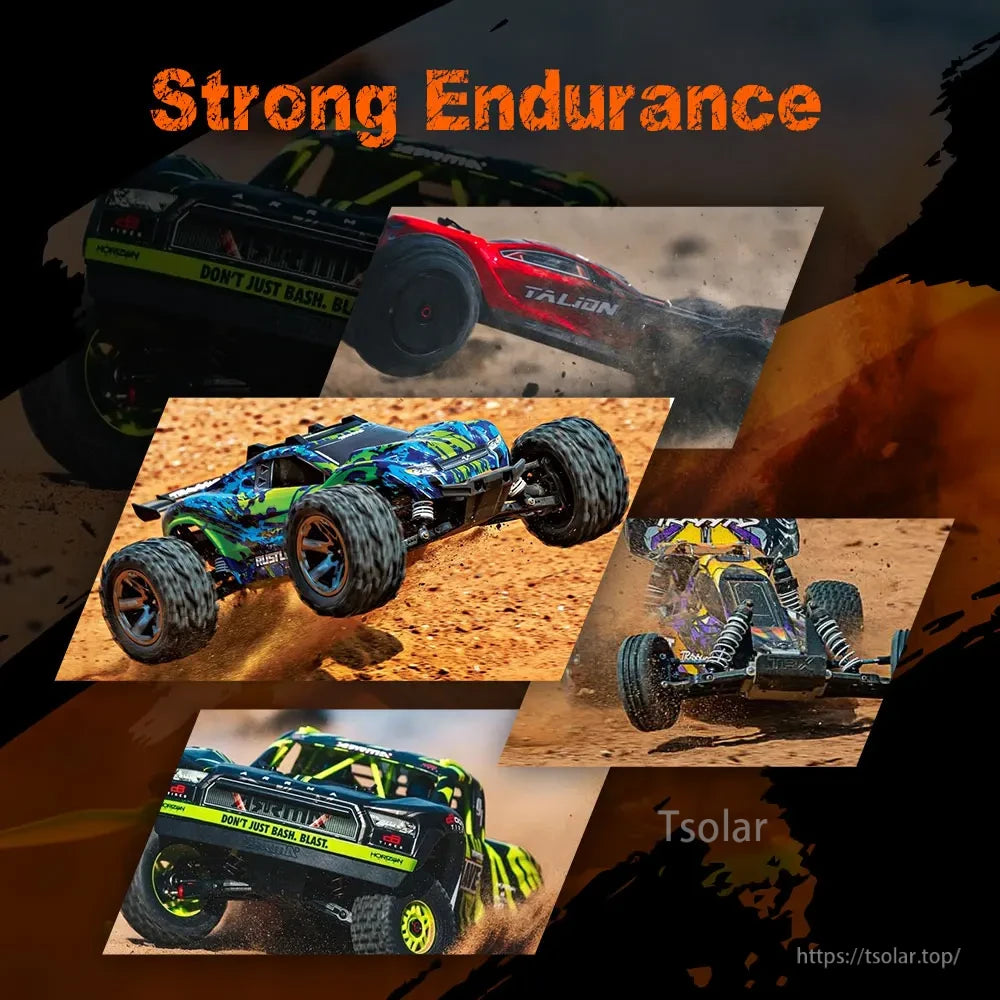 CNHL Lipo Battery, Strong Endurance RC cars in action, featuring vibrant designs and rugged terrain performance.