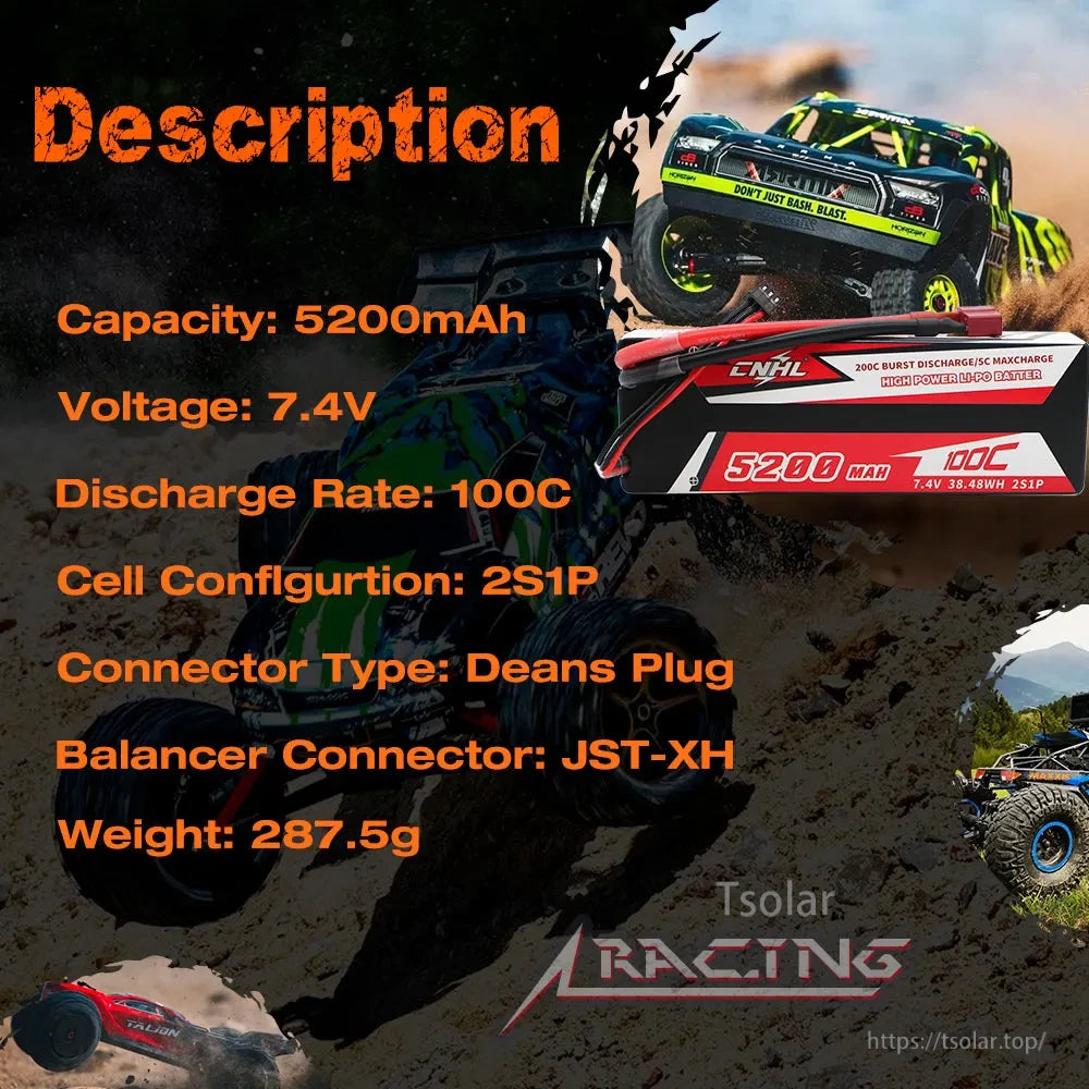 CNHL Lipo Battery, CNHL 5200mAh 7.4V LiPo battery, 100C continuous/200C burst discharge, 2S1P, Deans & JST-XH connectors, 287.5g, 5C max charge—ideal for high-power RC racing.