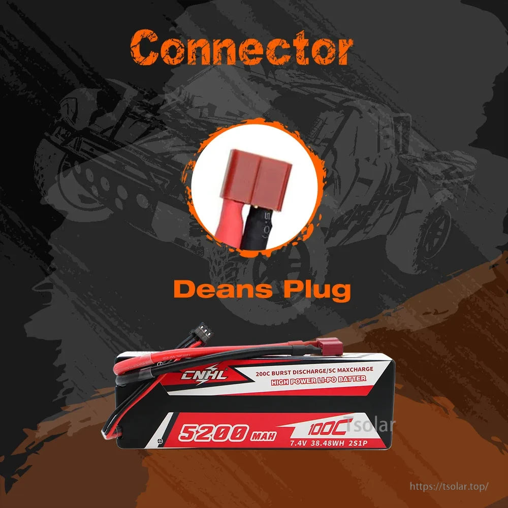 CNHL Lipo Battery, CNHL 5200mAh 7.4V 100C LiPo battery with Deans plug offers high power, 200C burst discharge, and 5C max charge for demanding applications.