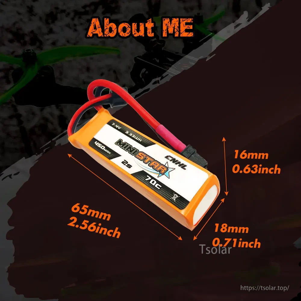CNHL MiniStar 450mAh LiPo Battery, CNHL MiniStar 450mAh 7.4V 70C LiPo battery; compact 65x18x16mm size, ideal for high-performance RC models requiring reliable power and durability.