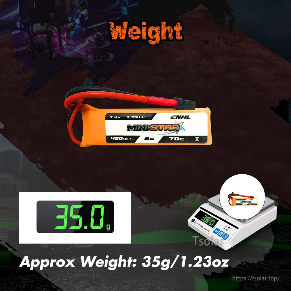 CNHL MiniStar 450mAh LiPo Battery, CNHL MiniStar 450mAh 7.4V 2S 70C LiPo battery, lightweight at 35g, ideal for high-performance RC applications requiring reliable power and durability.