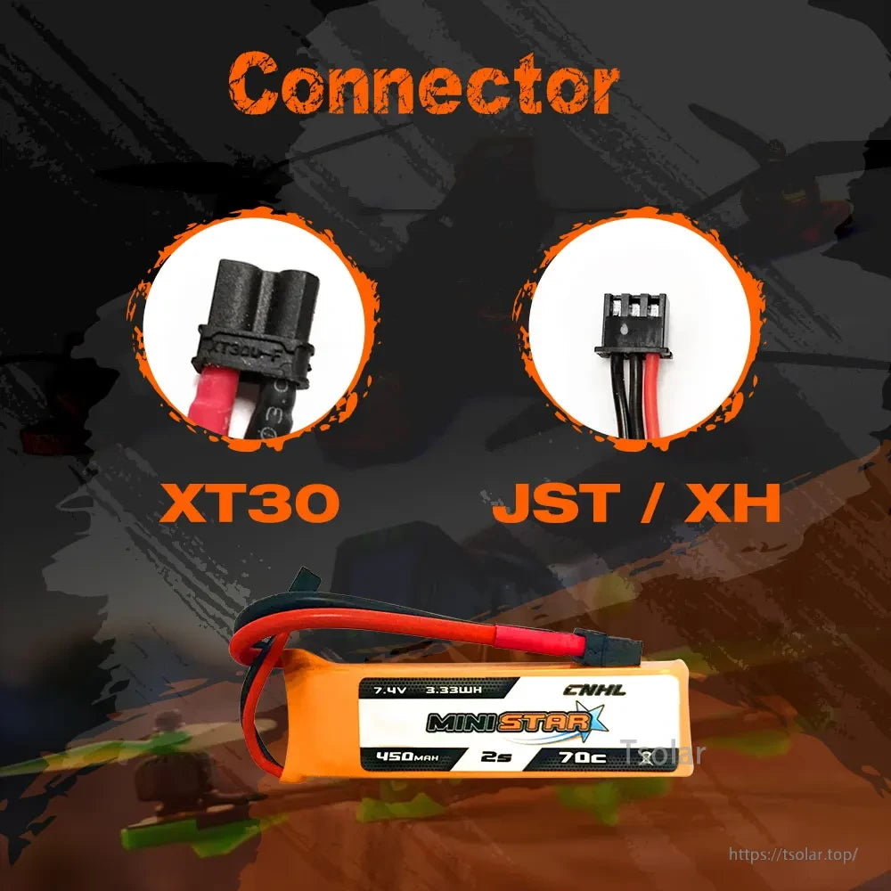 CNHL MiniStar 450mAh LiPo Battery, CNHL MiniStar 450mAh 7.4V 2S LiPo battery features XT30 and JST/XH connectors, ideal for small RC models requiring reliable, lightweight power.