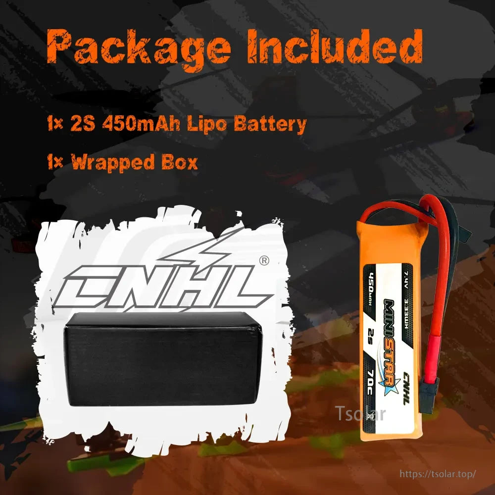 CNHL MiniStar 450mAh LiPo Battery, CNHL MiniStar 450mAh 2S LiPo battery, 7.4V 70C, includes box and battery. High-performance power source for RC models.