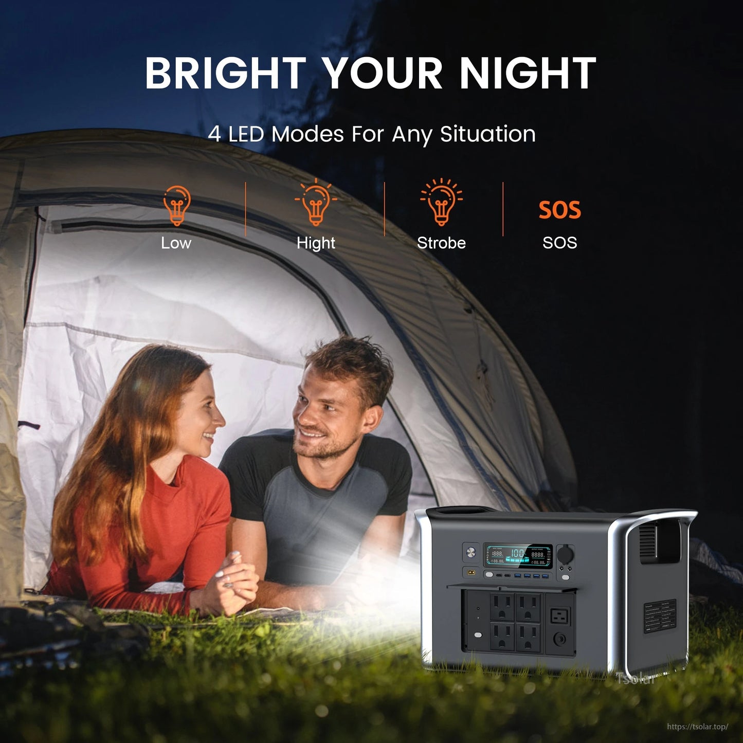 Four LED modes—Low, High, Strobe, SOS—provide portable lighting ideal for camping and emergencies. (16 words)