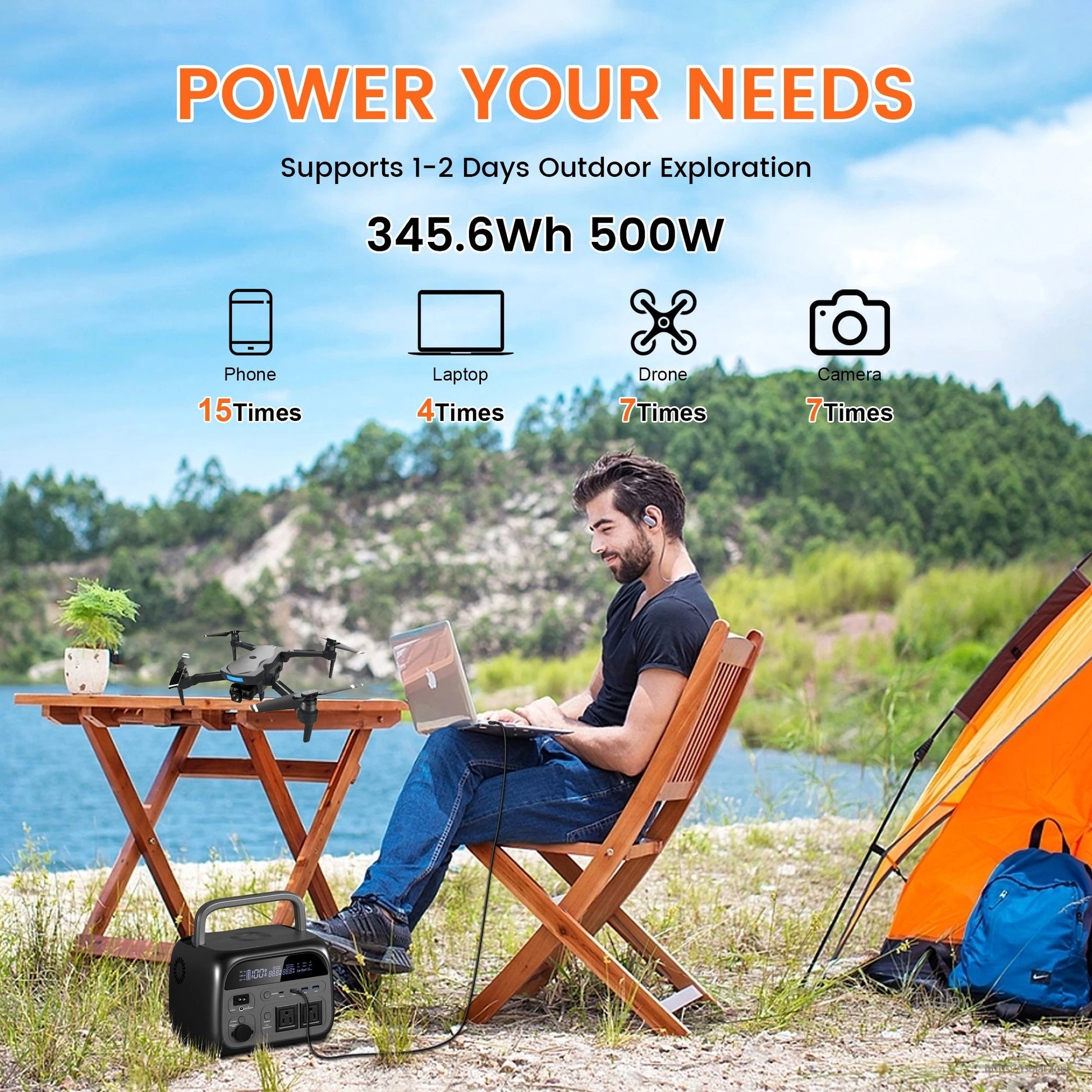 Portable 345.6Wh power station delivers 500W output, perfect for charging phones, laptops, drones, and cameras outdoors.