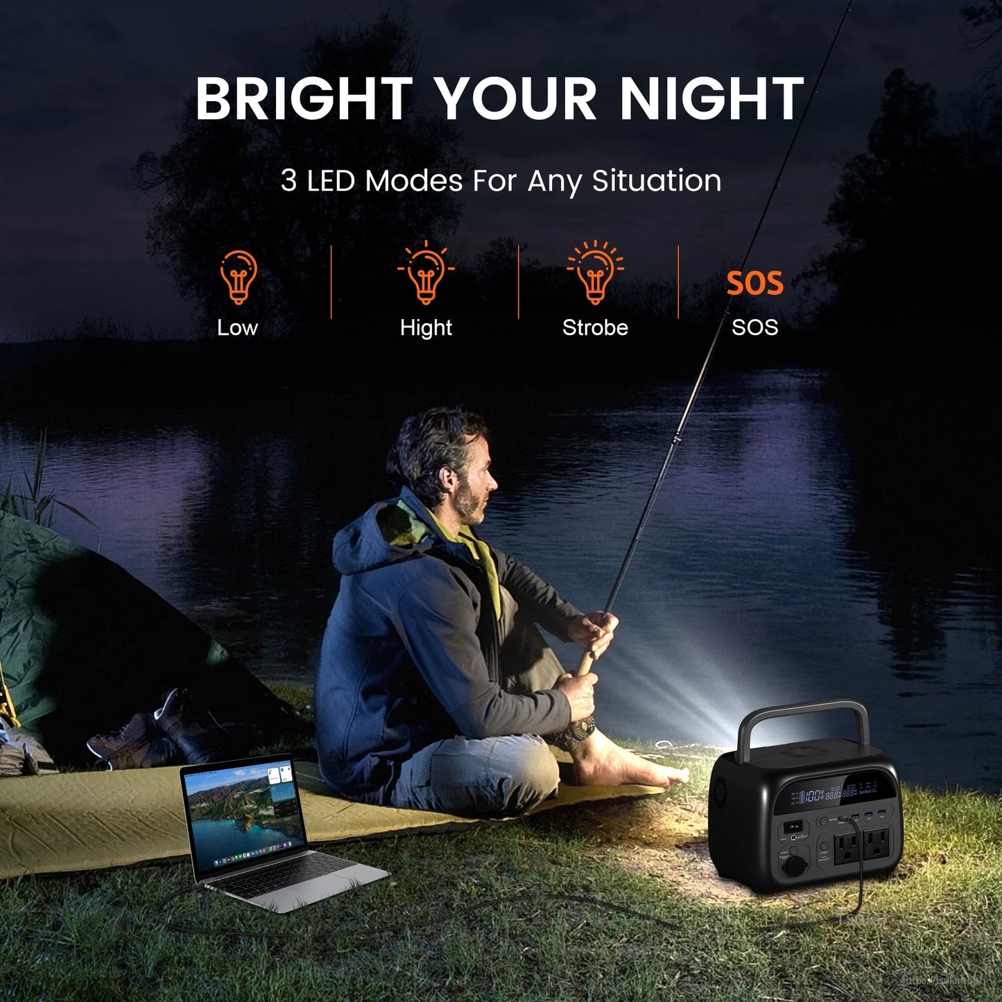 Portable power station with 3 LED modes—low, high, strobe, and SOS—to brighten your night.