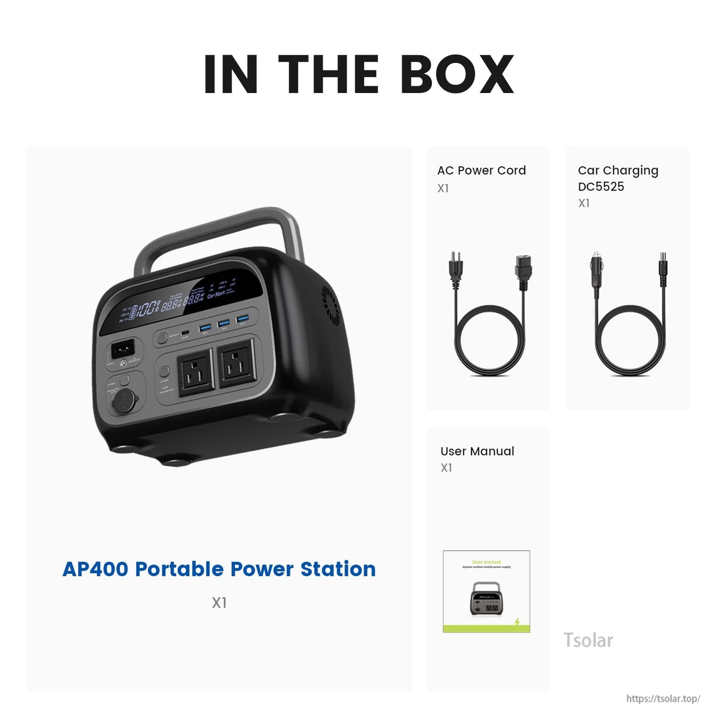 AP400 portable power station features 345.6Wh LiFePO₄ battery, 500W AC output, 8 ports, fast recharge via AC, car, or solar; includes charging cords and manual.