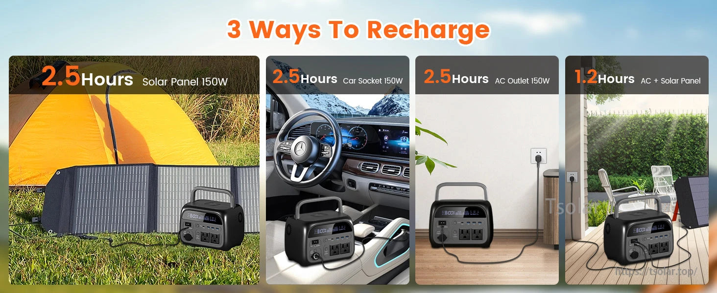 CTOLITY AP400 Power Station, Recharge via solar, car socket, or AC outlet; solar and AC together are fastest.