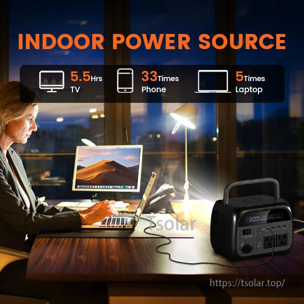 CTOLITY AP400 Power Station, Provides 5.5 hours of TV, 33 phone charges, and 5 laptop charges. Compact with multiple outlets and USB ports for indoor portable power.