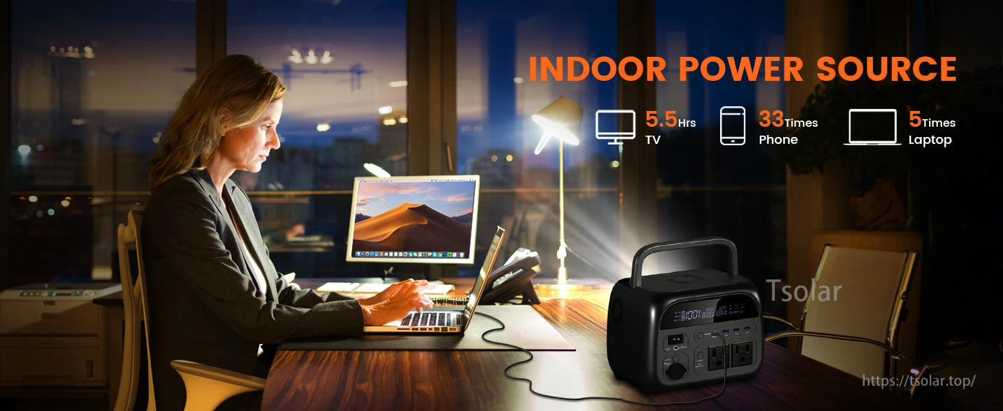 CTOLITY AP400 Power Station, Indoor power source: 5.5 hrs TV, 33 times phone, 5 times laptop.