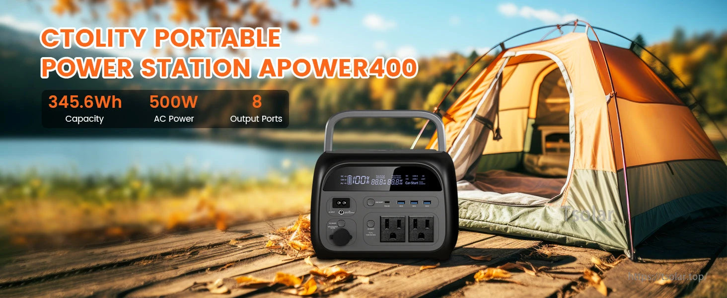 CTOLITY AP400 Power Station, CTOLITY AP400 portable power station: 345.6Wh capacity, 500W output, 8 ports, ideal for outdoor camping and emergency use.