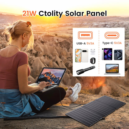 CTOLITY SPC21 21W Portable Solar Panel, A portable solar panel with 21W output and compact design (11.6" x 1.65lbs) for charging devices outdoors.