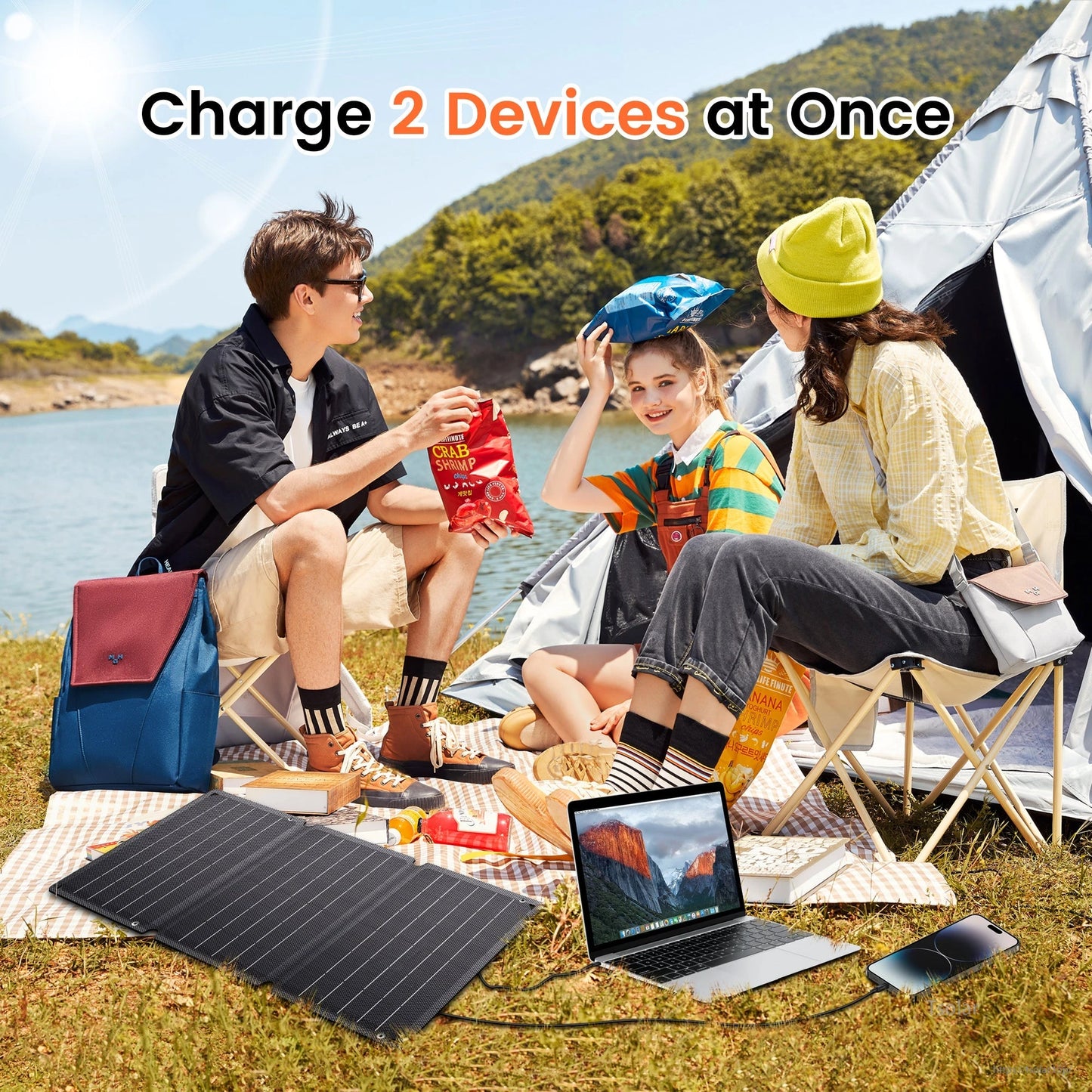 CTOLITY SPC21 21W Portable Solar Panel, The CTOLITY SPC21 Portable Solar Panel charges two devices simultaneously with its 5V 3A output and features a foldable design.