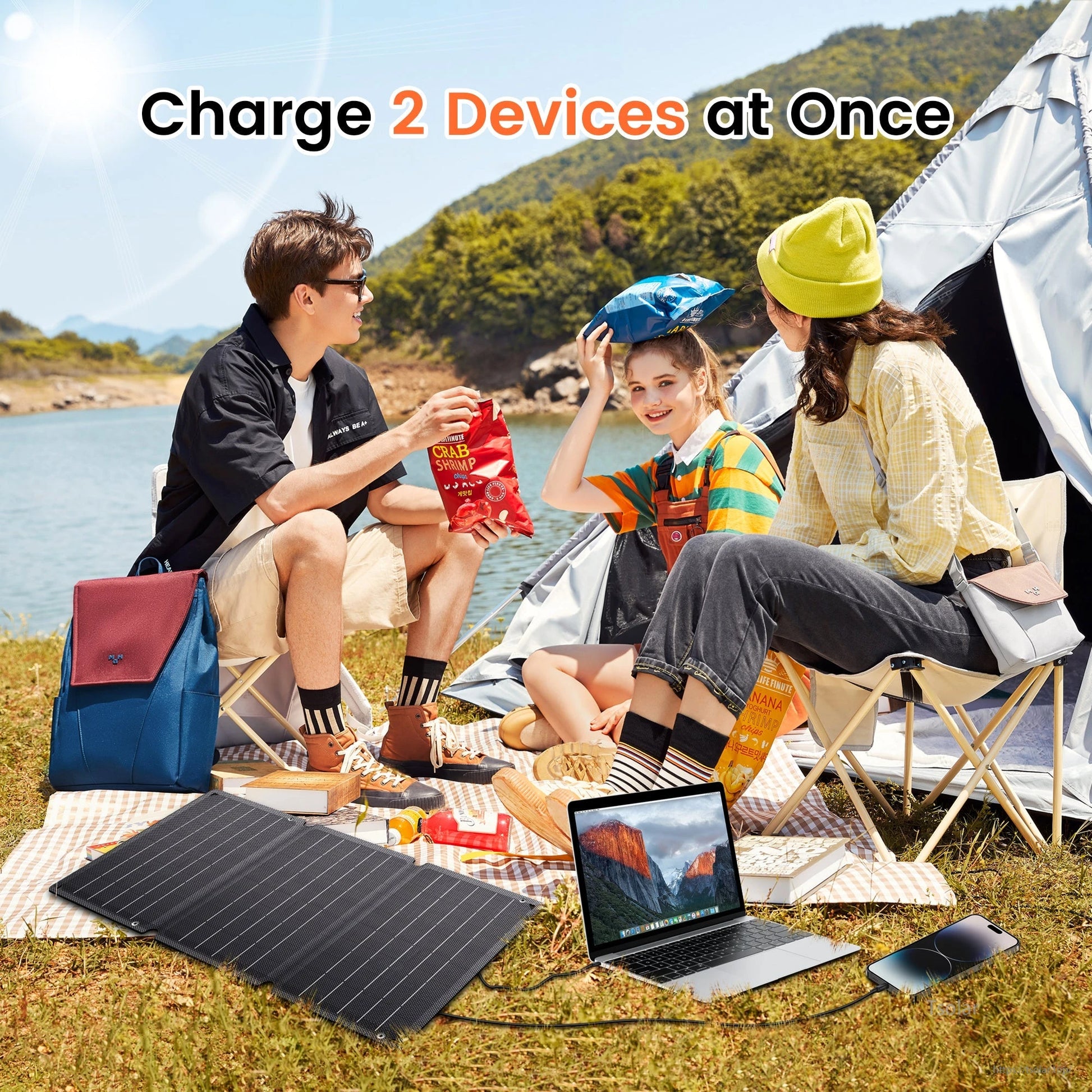 CTOLITY SPC21 21W Portable Solar Panel, The CTOLITY SPC21 Portable Solar Panel charges two devices simultaneously with its 5V 3A output and features a foldable design.