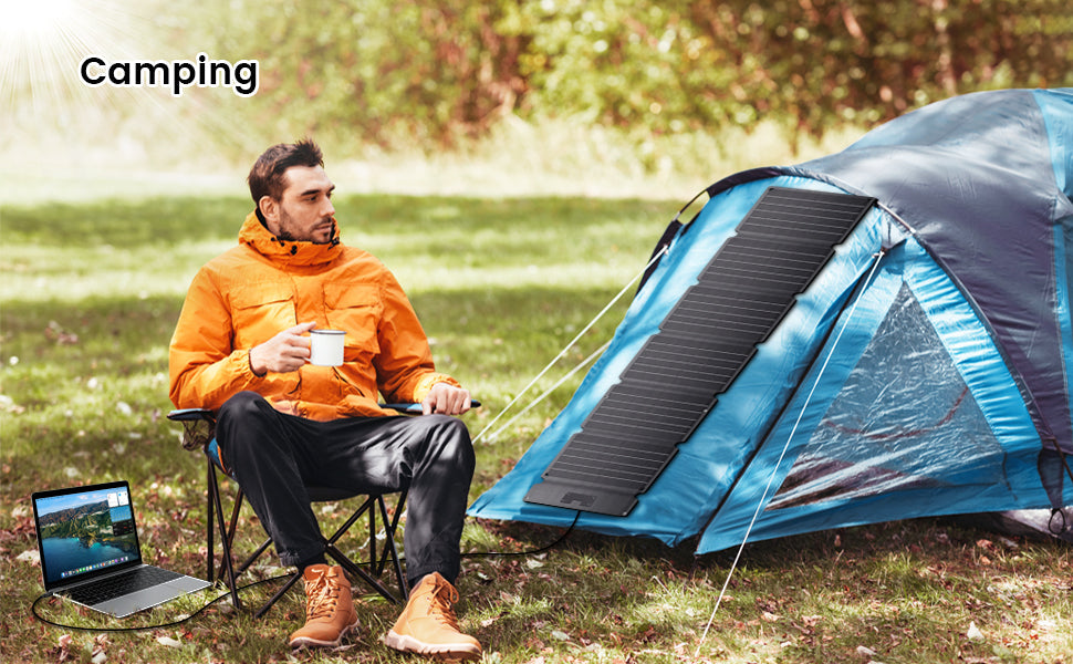 CTOLITY SPC54 54W Foldable Solar Panel, RV travel requires parking, unfolding, and charging laptops and portable power stations.