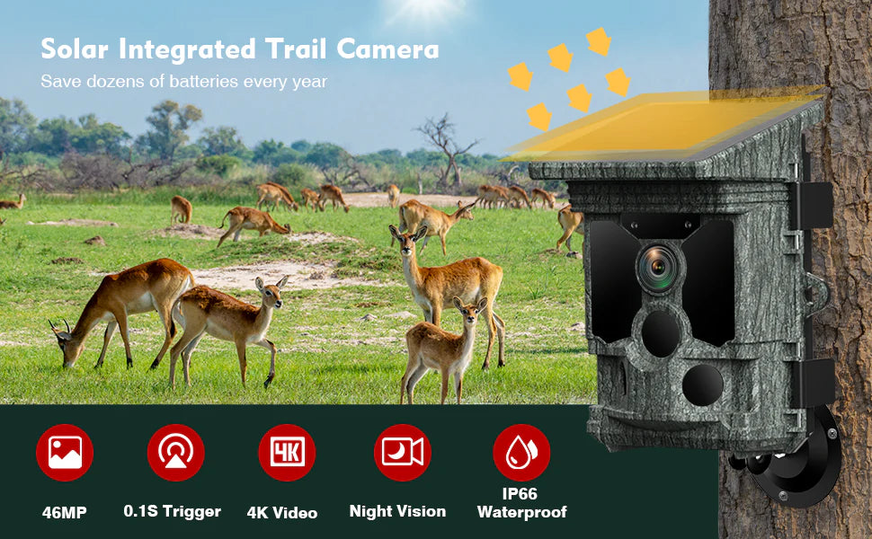 Campark T180 4K Camera, Solar trail camera saves battery usage with solar power, capturing 4K video and 46-megapixel photos.