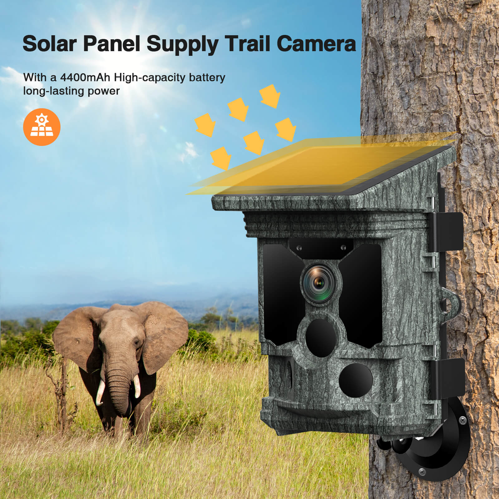 Campark T180 4K Camera, Campark T180 camera has solar panel and 4400mAh battery for long-lasting power.